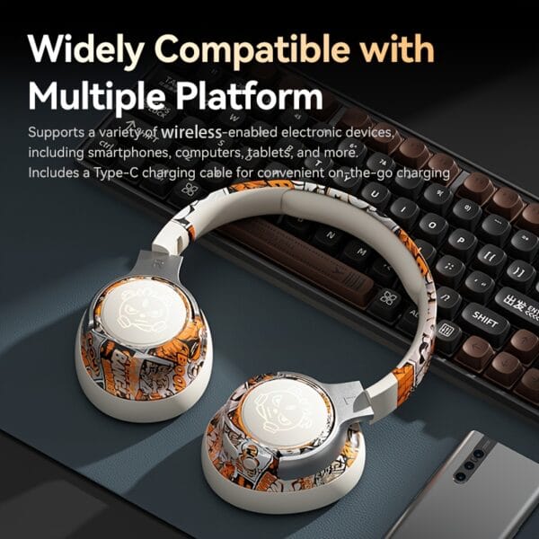 15-Hour Battery Life, Wireless Over-Ear Headphones with Lithium Battery - Low-Power Operation, Ideal for Gaming & Music, Outdoor Use, Push Button Control, Volume Control, No Charging Case, Gaming Headphones|Graffiti Design Headphones|Pushbutton Control Headphones