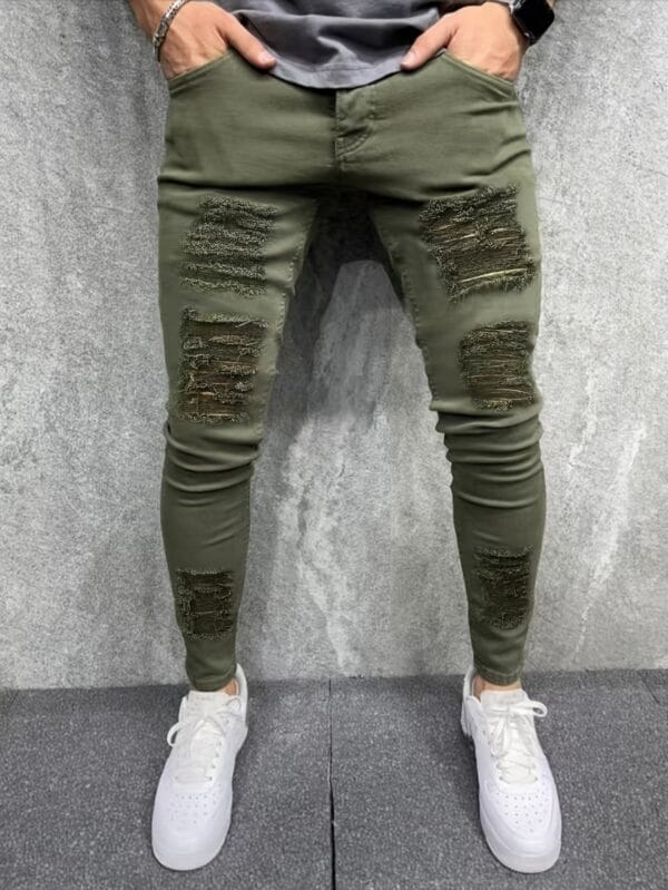 Cross-border New Style Ripped Jeans for Men Slim Fit High Street Trendy Stretch Pants
