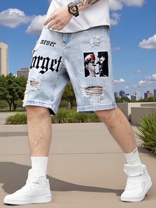 product-fancy-61e6a2d1-f774-4a72-8fe8-ce1648984773 Men's Summer Lightweight Denim Shorts - Knee-Length Relaxed Fit Distressed Casual Shorts with Portrait Print, 52% Blend, Hand Wash Only