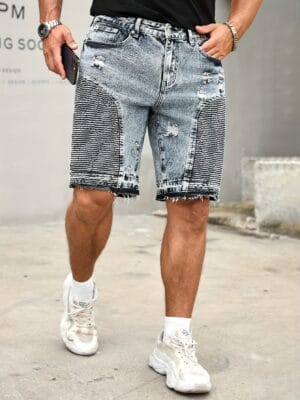 product-fancy-626eb7a5-6484-4416-a7db-83af28fbb16e Men's Casual Straight-Leg Distressed Denim Shorts - Frayed Hem & Side Pockets, Machine Washable Regular Fit Summer Shorts for Casual Attire, Solid Color Design