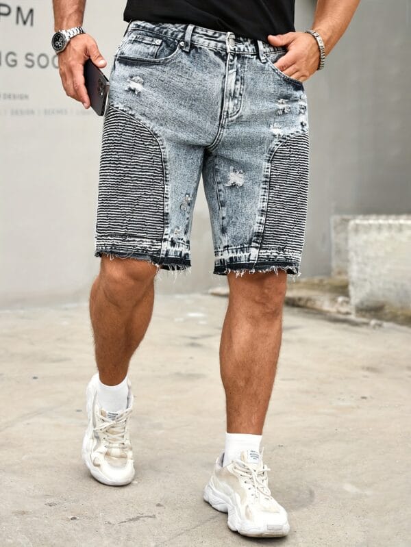 Men's Casual Straight-Leg Distressed Denim Shorts - Frayed Hem & Side Pockets, Machine Washable Regular Fit Summer Shorts for Casual Attire, Solid Color Design