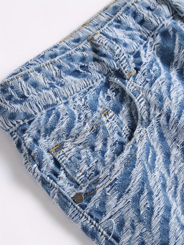 Men'S Light Wash Denim Shorts - Zebra Print Streetwear Style, Mid-Rise Casual Summer Shorts with Frayed Hem, Non-Stretch Fabric, Pockets for Casual Attire, Streetwear Shorts | Zebra Print Shorts | Frayed Hem Shorts