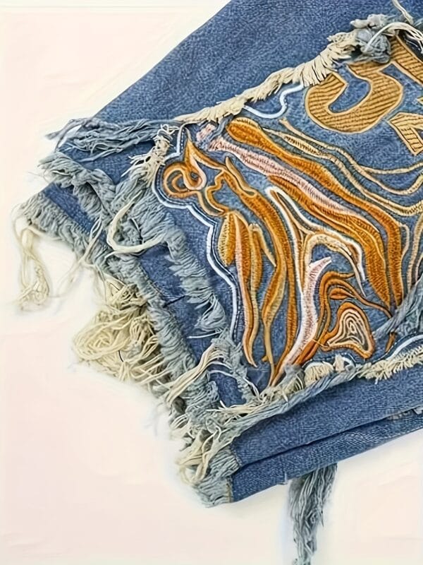 product-fancy-658081af-cc7c-4dbc-8d41-63382f75c05e Men'S Plus Size Distressed Faux Denim Shorts with Frayed Hem & Geometric Embroidery - Casual Relaxed Fit, Non-Stretch Faux Denim, Functional Pockets, Edgy Streetwear Style for Summer Outfits, Faux Denim Shorts, Durable Fabric, PLUS SIZE