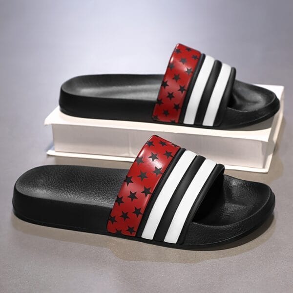 Men's Black Slides with Red & White Star Pattern - Non-Slip, Odor-Resistant Summer Slippers for Indoor & Outdoor Use, Comfortable EVA/PU Upper & Rubber Sole