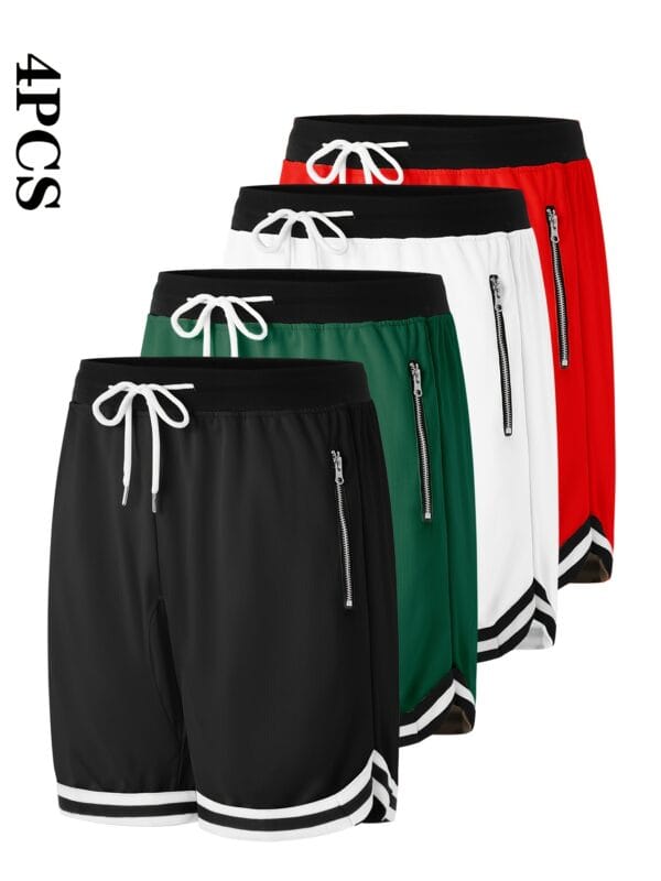 4pcs Men's Casual Athletic Shorts with Zipper Pockets - Breathable Polyester, Elastic Waistband, Multi-Color Basketball & Sports Wear, Machine Washable