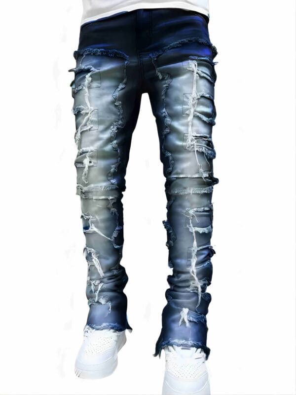 product-fancy-6a28a1d7-ce07-4493-bb91-f600eef23fe6 Men'S Slim-Fit Stretch Faux Denim Faux Denim with Embroidered Rips - Casual Light Blue Washed Faux Denim, Medium Stretch, Regular Length, All-Season Comfort Fit, Comfortable Clothing | Embroidered Faux Denim | Medium Stretch Fabric