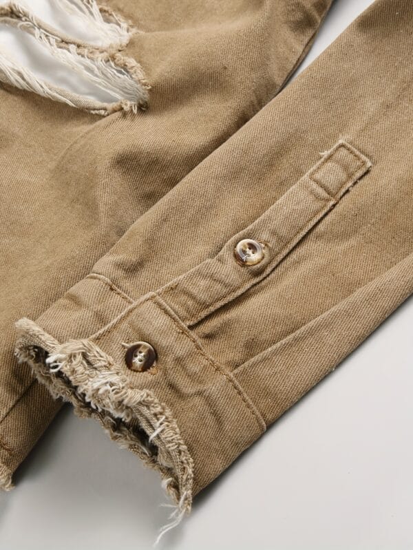 product-fancy-6a6a0251-591a-4d7e-b256-eb8c1e0d46f8 Men's Streetwear Distressed Denim Shirt - Relaxed Fit with Ripped Details, Classic Collar & Button Front, Autumn/Winter Casual Outerwear, Autumn Fashion, Solid Color Design