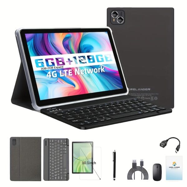 CRELNADER 10.1 Inch Tablet Android 13 Deca Core 6GB(3GB+ 3GB expand)+128GB Rom 2.4G/5G WiFi 5000mAh 1280x800 HD Touch Screen 5MP+13MP DUAL Camera 4G LTE with Case, Mouse, Stylus, Keyboard, 2in 1 Tablet PC