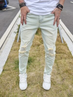 product-fancy-6aa5fcd5-04cb-44d4-989c-4686b4d82221 Men's Vintage Distressed Skinny Jeans - Light Blue Washed Stretch Denim with Frayed Hem & Ripped Knee, Slim-Fit Stretchable Classic Five-Pocket Pants for Casual & Semi-Formal Outfits (Machine Washable)