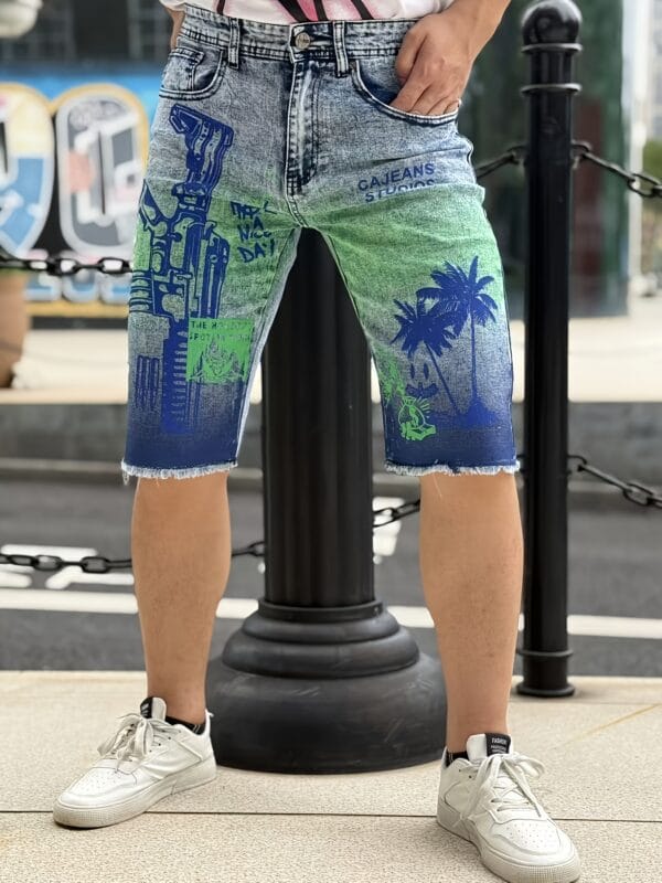 product-fancy-6aca2922-36e0-4484-8f35-f08f41f7afc7 Men'S Trendy Print Slim-Fit Faux Denim Shorts - Versatile Gradient Straight-Leg Casual Pants for Casual Attire