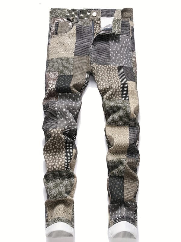 Stylish Patchwork Denim Jeans with Random Print Pattern