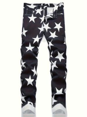 product-fancy-6bbcafc8-79e4-4c05-a495-938def9320b8 Men's Stretch Jeans - Slim Fit Pants with Bold Black & White Star Pattern, Machine Washable Stretch Denim for Everyday & Formal Wear - All-Season Skinny Jeans, Denim Pants, Versatile Clothing, Classic Five Pocket