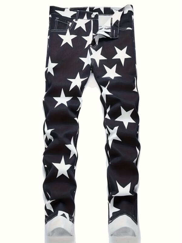 Men's Stretch Jeans - Slim Fit Pants with Bold Black & White Star Pattern, Machine Washable Stretch Denim for Everyday & Formal Wear - All-Season Skinny Jeans, Denim Pants, Versatile Clothing, Classic Five Pocket