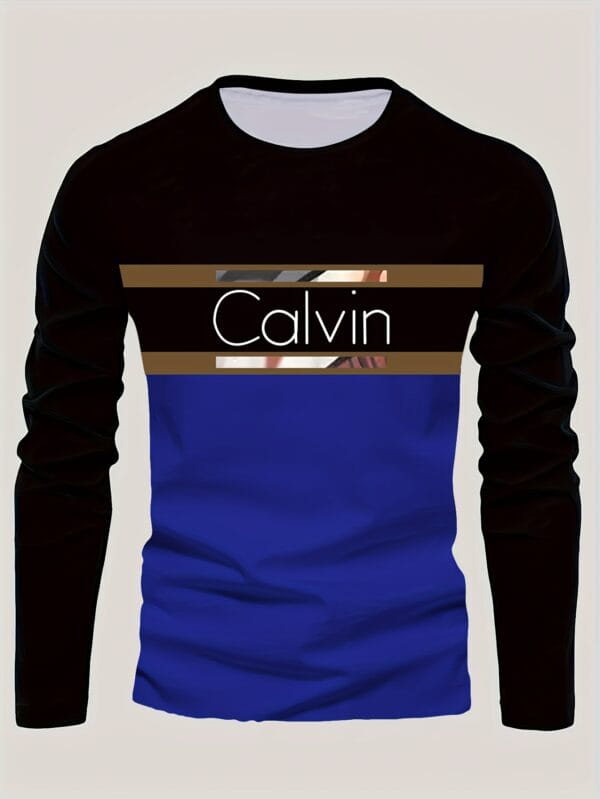 product-fancy-6c134968-7e63-492e-b154-c94ec43506b9 Men'S Long Sleeve T-Shirt - Black to Brown Ombre with CALVIN Lettering, Stretch Comfort Fit for Everyday & Formal Wear, Spring/Fall Essential - CALVIN Apparel, Spring Fall Top, Modern Casual Tee, Smooth Texture Shirt
