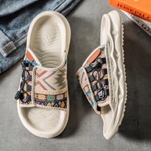 Men's Slip-On Sandals with Colorful Geometric Pattern - Soft EVA Sole, Breathable PU & Fabric Upper for Casual Outdoor Beach Wear - Lightweight Comfortable Round-Toe Design, Leisure Footwear | Vibrant Pattern Footwear | Durable Traction Sole