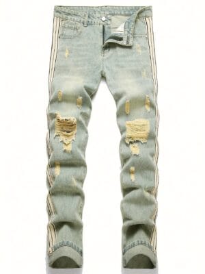 Men's Stylish Ripped Jeans - Casual Denim with Distressed Detail, Machine Washable, Non-Stretch Fabric, All-Season Wear