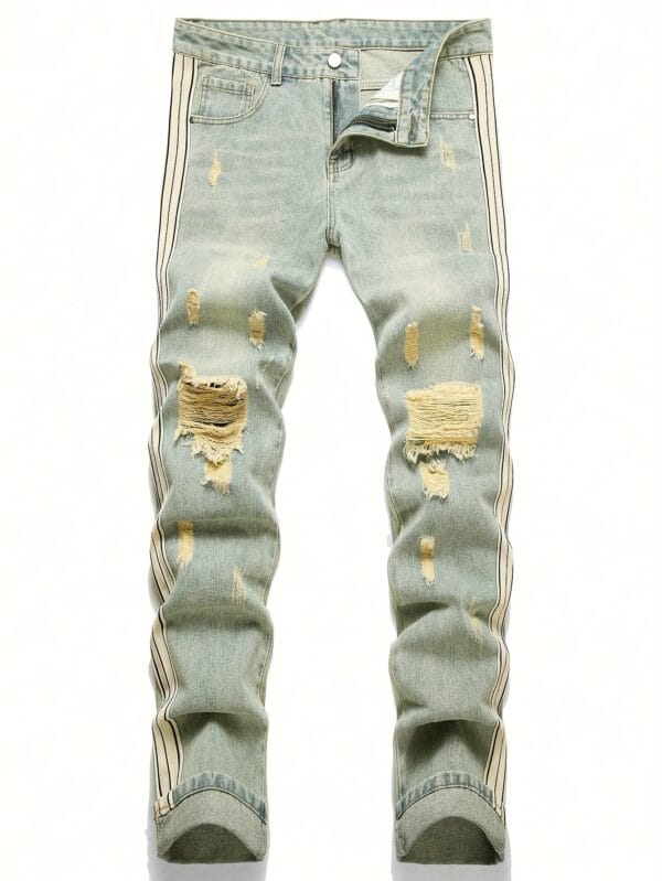 Men's Stylish Ripped Jeans - Casual Denim with Distressed Detail, Machine Washable, Non-Stretch Fabric, All-Season Wear