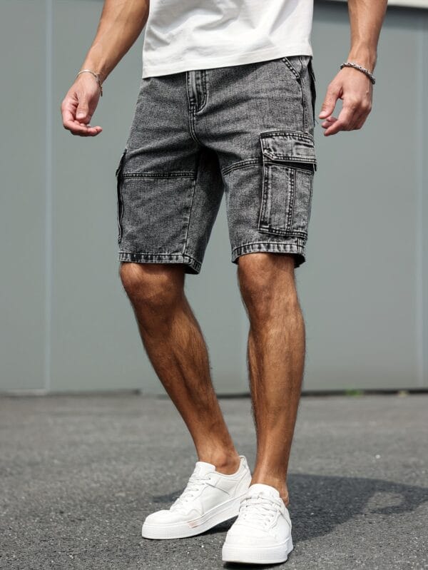 Men's Non-Stretch Jeans Shorts - Multiple Utility Pockets, Straight-Leg Non-Stretchy Fit, Machine Washable Everyday Casual Streetwear Shorts in Classic Black/Gray for Urban Outfits, Relaxed Outfit, Knee Length Design, Durable Fabric, Versatile Clothing, Minimalist Fashion, Sturdy Construction, Young Adults