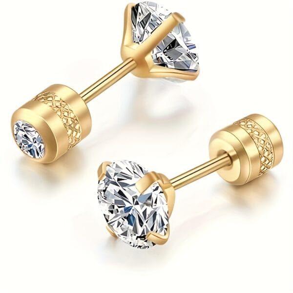 2pcs Stainless Steel Earrings, 4mm White Synthetic Zirconia with Embossed Floral Rhinestone Earbuds, Screw Post Design, Daily & Party Wear, Mardi Gras, St. Patrick's, Mother'S Day Gift