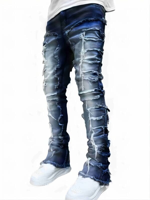 product-fancy-6e9283e7-b968-4167-9e65-3a398a2a4dd5 Men'S Slim-Fit Stretch Faux Denim Faux Denim with Embroidered Rips - Casual Light Blue Washed Faux Denim, Medium Stretch, Regular Length, All-Season Comfort Fit, Comfortable Clothing | Embroidered Faux Denim | Medium Stretch Fabric