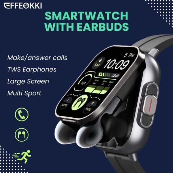 EFFEOKKI 5.11cm Large Screen Music Smartwatch with Wireless Calls, Earbuds Integration, 5.08cm Display, Battery, Silicone Strap & Wireless 5.3 - Black, Smart Watch for Android Phones, Smart Watch for Android, Sleek Watch Design, Durable Watch Band