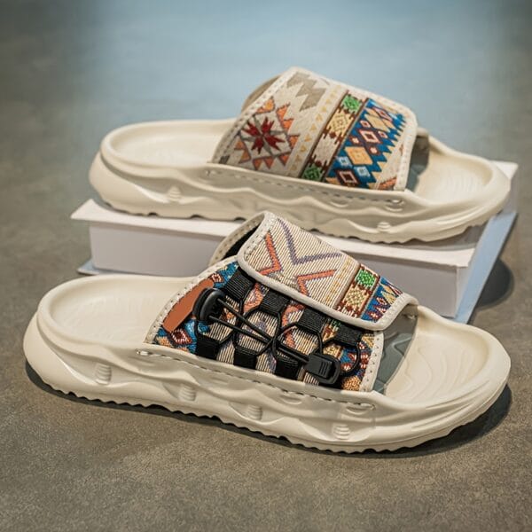 product-fancy-6f4d4179-ed3c-4f08-9aad-e5e1f6d4cd1c Men's Slip-On Sandals with Colorful Geometric Pattern - Soft EVA Sole, Breathable PU & Fabric Upper for Casual Outdoor Beach Wear - Lightweight Comfortable Round-Toe Design, Leisure Footwear | Vibrant Pattern Footwear | Durable Traction Sole