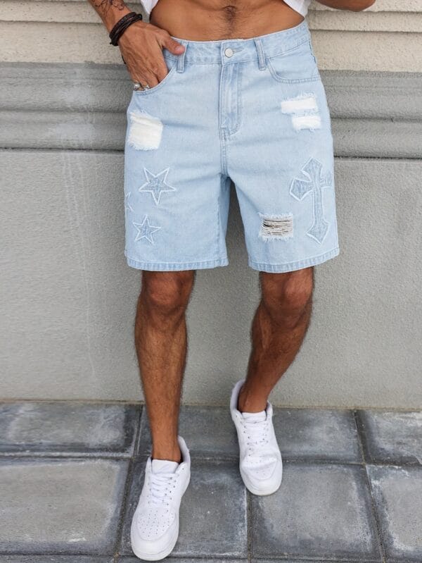 product-fancy-6f51c44b-281a-4aaa-9cdd-bf5c8e23a5c0 Men'S Streetwear Denim Mid-Length Shorts - Washed Blue with Distressed Rips, Star & Anchor Embroidery, Loose Fit, Casual Summer Denim Shorts for Casual Attire, Everyday Denim Shorts | Streetwear Fashion | Detailed Embroidery, Denim Shorts