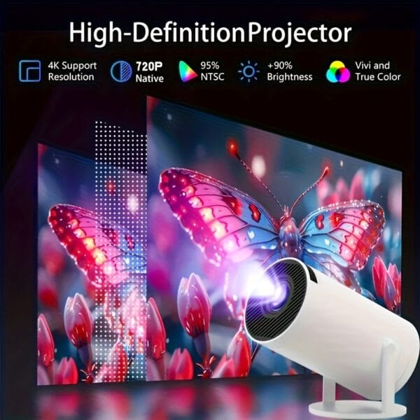 High-Definition Projector with Android 11 Operating System, Dual-Band WiFi, Native 720P/4K Decoding, High Brightness Display, Compact and Portable Design, Full Device Compatibility for Camping Movies, Office Presentations, Gaming, and Home Theater