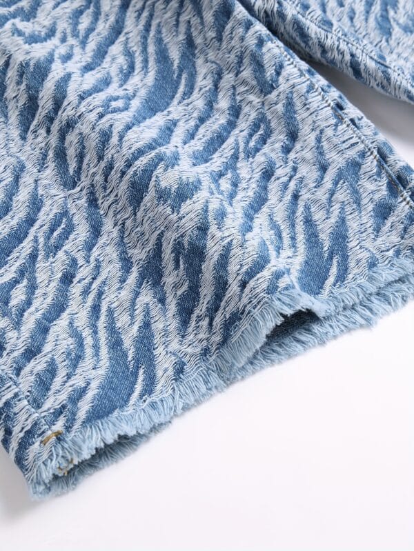 Men'S Light Wash Denim Shorts - Zebra Print Streetwear Style, Mid-Rise Casual Summer Shorts with Frayed Hem, Non-Stretch Fabric, Pockets for Casual Attire, Streetwear Shorts | Zebra Print Shorts | Frayed Hem Shorts