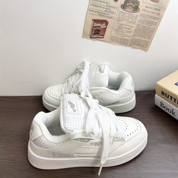Women's Low-Top Sneakers - White Lace-Up Shoes, Synthetic Cover Upper & Non-Slip Rubber Sole, Cushioned Interior for Everyday & Formal Wear - All-Season Comfortable Casual Shoes for Women