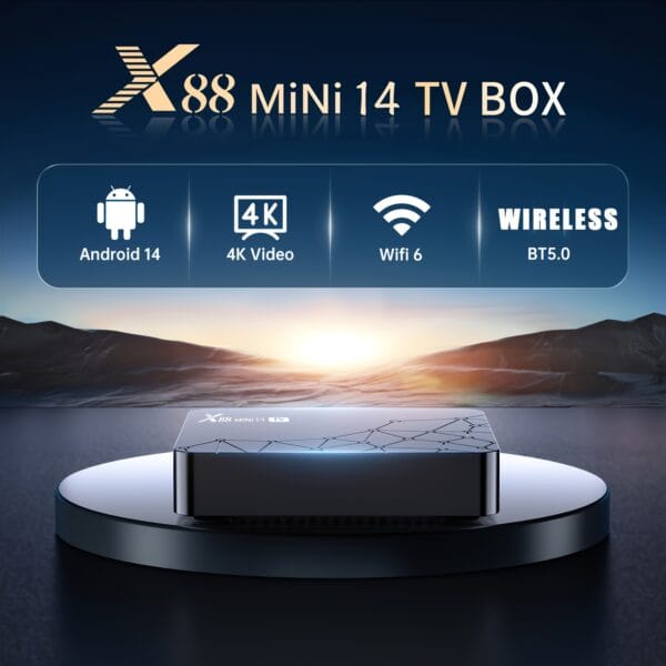 product-fancy-719f3cc8-a73e-4b07-8681-ee7d15868c86 88 MINI 14 TV Android 14 TV Box | 4K@60Hz HDR 8K Video Decoding | RK3518 Quad Core + Mali GPU | 2GB RAM+16GB ROM, US Power Plug | Dual Band WiFi 6 & BT 5.0 | Expandable to 64GB | HD 2.0b | Multi-Language Infrared Voice Remote Control | Portable for Home/Gaming/Travel