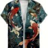 Men'S Casual Short Sleeve Button-Up Shirt with 3D Koi Fish Print – Symbol of Good Luck, Prosperity, and Courage – Perfect for Daily Wear, Summer Collection, Casual Attire|Traditional Collared Shirt|Printed Koi Design