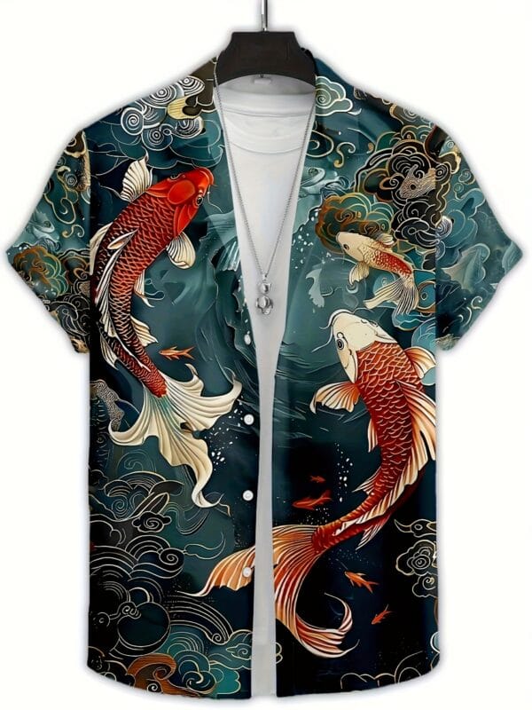 Men'S Casual Short Sleeve Button-Up Shirt with 3D Koi Fish Print – Symbol of Good Luck, Prosperity, and Courage – Perfect for Daily Wear, Summer Collection, Casual Attire|Traditional Collared Shirt|Printed Koi Design