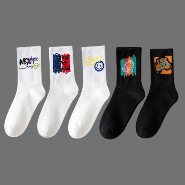 20 Pairs, 10 Pairs, 5 Pairs - Random Color Letter Print Socks, Stylish Mid-Calf Athletic Socks for Basketball, Outdoor & Casual Wear, Polyester Knit Fabric, Hand Washable, Everyday Socks | Vibrant Sock Design | Comfortable Fit