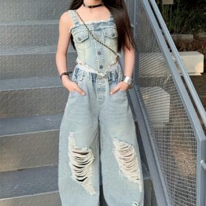 Fashionable Summer Denim Outfit for Girls, Featuring a Trendy Two-Piece Set with Wide-Leg Pants And a Camisole, for Outdoor