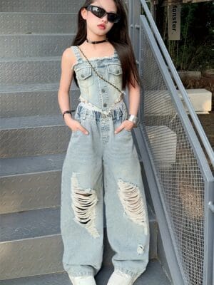Fashionable Summer Denim Outfit for Girls, Featuring a Trendy Two-Piece Set with Wide-Leg Pants And a Camisole, for Outdoor
