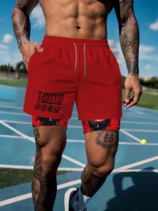 Men'S "Tokyo" Graphic Drawstring Basketball Shorts - Red with Skull Design, Casual Sportswear for Running, Yoga, Hiking & Outdoor Activities, Casual Sportswear|Skull Print Shorts|Stretchy Fabric