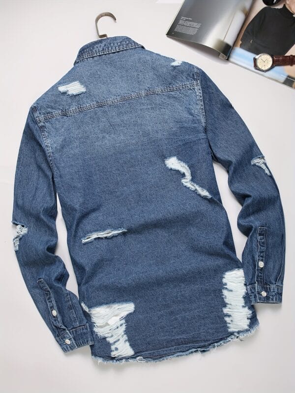 Men'S Distressed Denim Shirt - Blue Washed Jean Look, Casual Street Style, Non-Stretch Fabric, Regular Fit for Spring/Fall