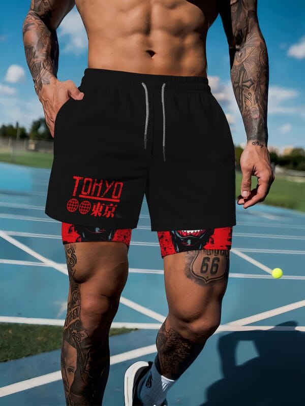 Men'S "Tokyo" Graphic Drawstring Basketball Shorts - Red with Skull Design, Casual Sportswear for Running, Yoga, Hiking & Outdoor Activities, Casual Sportswear|Skull Print Shorts|Stretchy Fabric