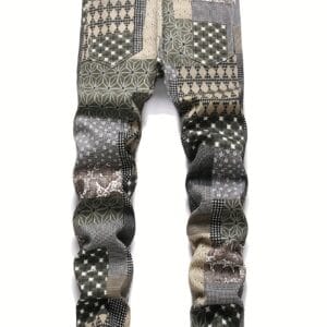Stylish Patchwork Denim Jeans with Random Print Pattern