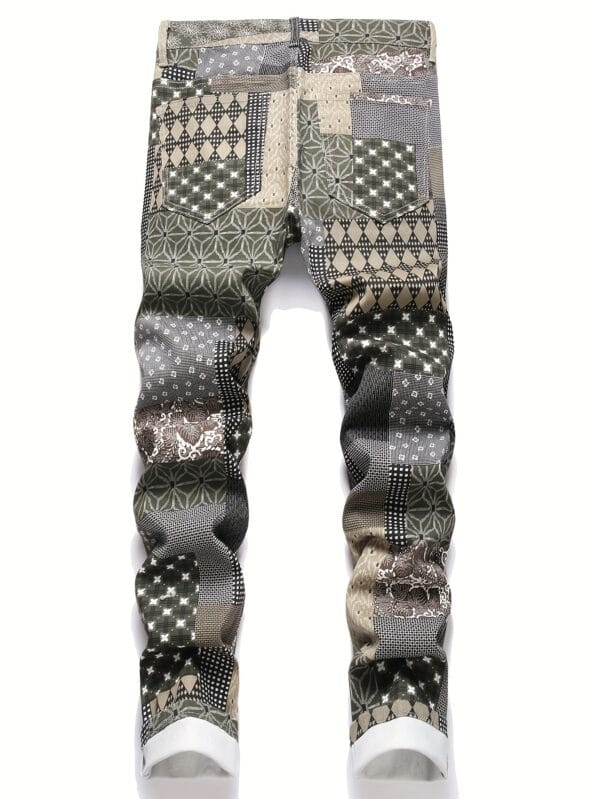 Stylish Patchwork Denim Jeans with Random Print Pattern