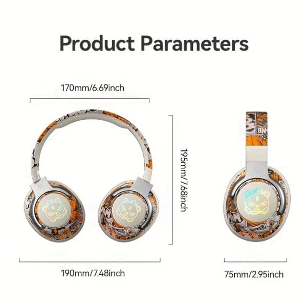 15-Hour Battery Life, Wireless Over-Ear Headphones with Lithium Battery - Low-Power Operation, Ideal for Gaming & Music, Outdoor Use, Push Button Control, Volume Control, No Charging Case, Gaming Headphones|Graffiti Design Headphones|Pushbutton Control Headphones