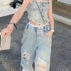 Fashionable Summer Denim Outfit for Girls, Featuring a Trendy Two-Piece Set with Wide-Leg Pants And a Camisole, for Outdoor