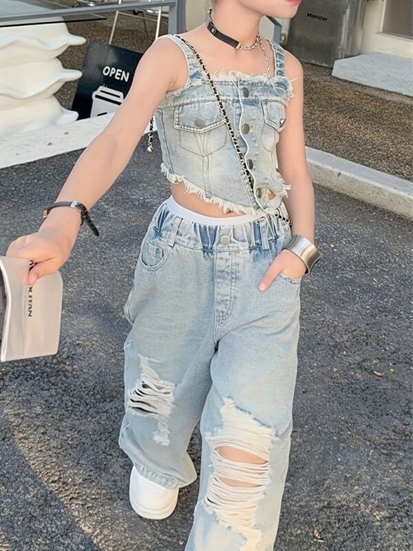 Fashionable Summer Denim Outfit for Girls, Featuring a Trendy Two-Piece Set with Wide-Leg Pants And a Camisole, for Outdoor