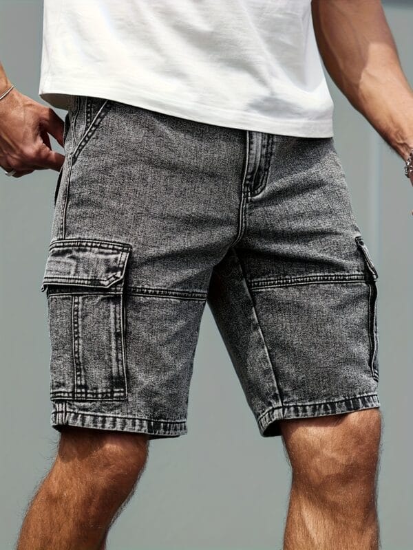 Men's Non-Stretch Jeans Shorts - Multiple Utility Pockets, Straight-Leg Non-Stretchy Fit, Machine Washable Everyday Casual Streetwear Shorts in Classic Black/Gray for Urban Outfits, Relaxed Outfit, Knee Length Design, Durable Fabric, Versatile Clothing, Minimalist Fashion, Sturdy Construction, Young Adults