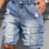 Men'S Loose-Fit Distressed Denim Shorts with Multiple Pockets - Casual Streetwear Style, Non-Stretch Fabric, Light Blue Washed Finish, Perfect for Summer Outings, Summer Shorts | Streetwear Shorts | Nonstretch Fabric