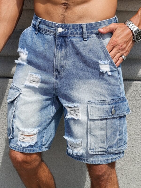 Men'S Loose-Fit Distressed Denim Shorts with Multiple Pockets - Casual Streetwear Style, Non-Stretch Fabric, Light Blue Washed Finish, Perfect for Summer Outings, Summer Shorts | Streetwear Shorts | Nonstretch Fabric