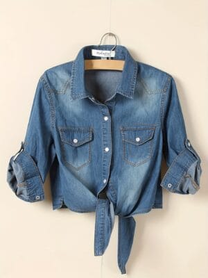 Women'S Denim Shirt with Tie-Front Detail - Casual Mid-Sleeve Button-Up Top, Light Blue, Non-Stretch Fabric, Spring/Summer Fashion, Versatile for Casual Attire, Casual Attire Top | Stylish Denim Shirt | Nonstretch Fabric