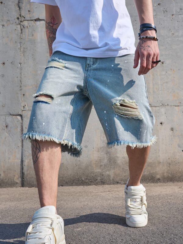 product-fancy-77c9aac5-e2a9-487f-9b92-04b33e59377d Men'S Vintage Distressed Faux Denim Shorts - Non-Stretch Faux Denim Pants with Frayed Edges, Loose Fit Five-Pocket Casual Shorts for Everyday & Formal Outfits - All-Season Retro Western Style, Faux Denim Shorts, Versatile Clothing, Classic Five-Pocket Design, Durable Fabric, Streetwear Fashion, Sturdy Construction, Streetwear Lovers