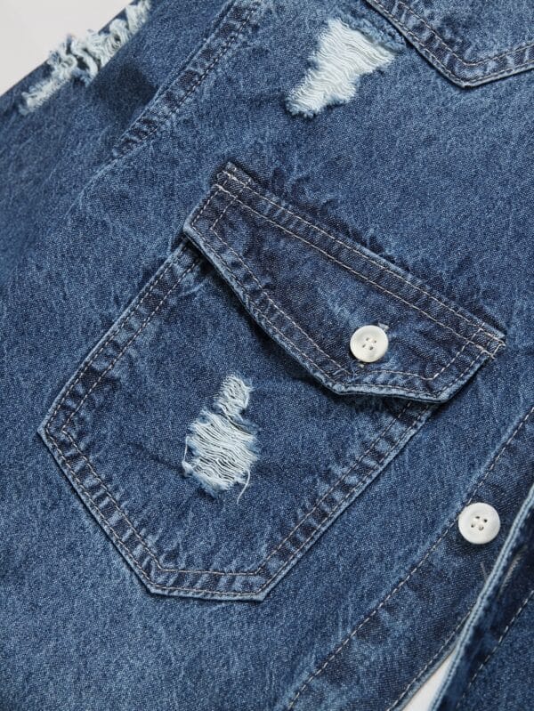 Men'S Distressed Denim Shirt - Blue Washed Jean Look, Casual Street Style, Non-Stretch Fabric, Regular Fit for Spring/Fall